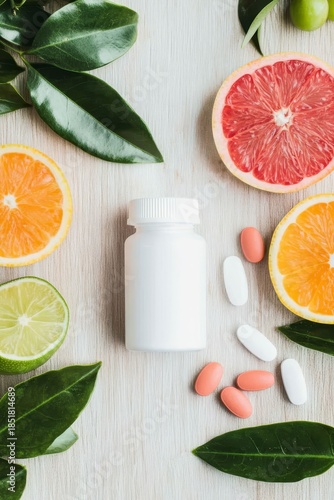 Daily Nutritional Routine Concept Featuring Supplements Bottle Beside Fresh Fruits