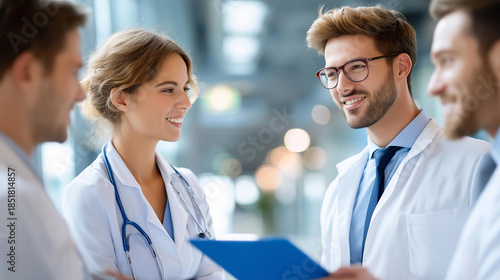 Medical team discussing in hospital corridor, healthcare professionals consultation, clinical staff meeting, collaborative decision-making scene, facility hallway gathering, with copy space