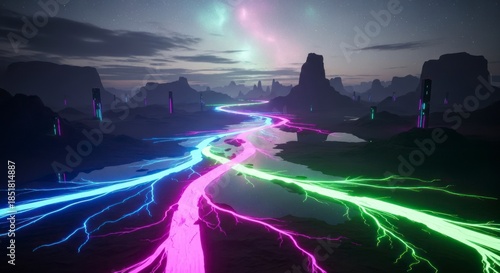 Neon lights in desert landscape.