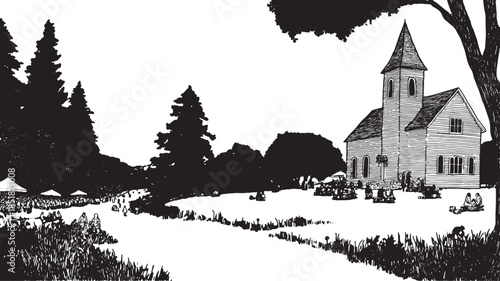 Silhouette of a church against trees in a rural landscape. Simple vector illustration captures an outdoor scene with people and tents.