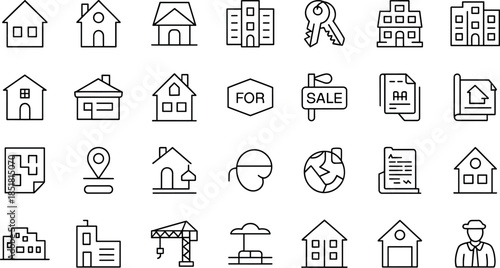 Assortment of real estate vector icons isolated on transparent background