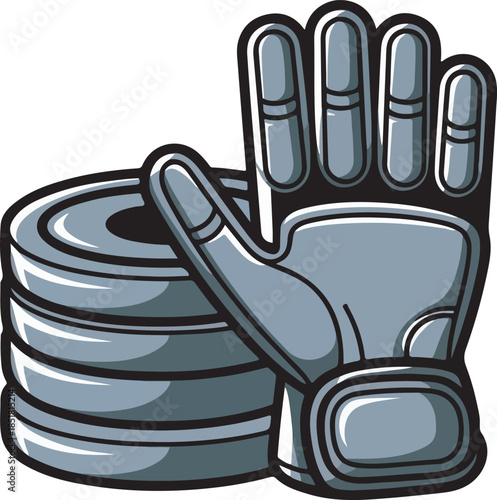 Robotic exoskeleton glove next to a stack of weight plates.