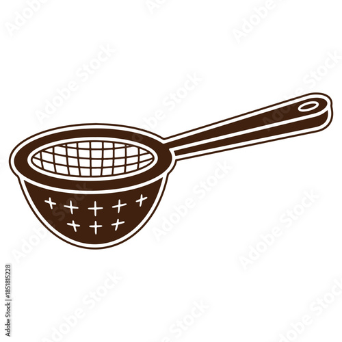Brown kitchen strainer with long handle isolated on white background perfect for cooking and filtering