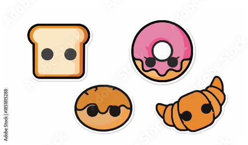 Cute bakery food sticker style vector set with bread donut and croissant isolated on transparent background