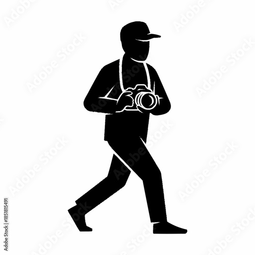 Silhouette of a photographer walking with a camera.