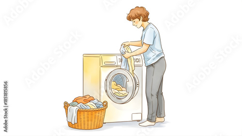 Illustration of a person performing the household chore of doing laundry, carefully loading clothes into a modern washing machine, representing daily routine and cleanliness