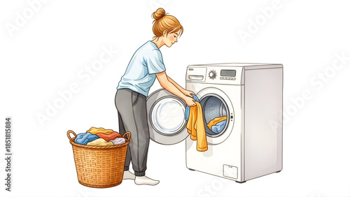 Woman loading laundry into a washing machine with a basket full of clothes beside her