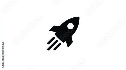 Black silhouette of a rocket ship with motion lines flying upwards quickly