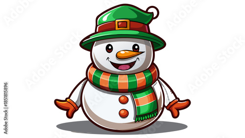 A cheerful Christmas snowman ornament dressed in a green hat and scarf, isolated on a transparent background, ideal for festive graphics, greeting cards, and holiday projects
