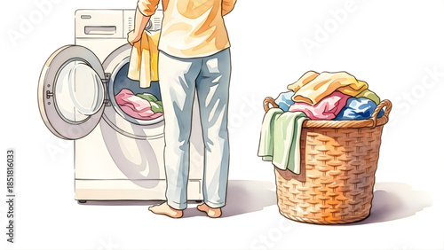 Washing machine with a basket full of clothes, a person loading laundry into the appliance