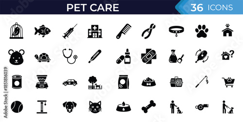 Pet care, animal health, grooming, feeding, training, and veterinary service icon set. Solid style, editable stroke, vector collection.
