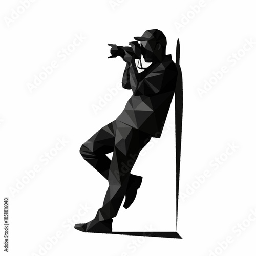 Low poly black silhouette of a photographer leaning against a wall, capturing a moment.