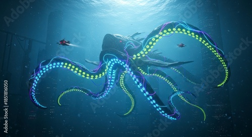 Octopus swimming underwater ocean deep.