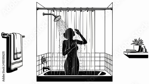 Silhouette of a woman showering in a bathtub.