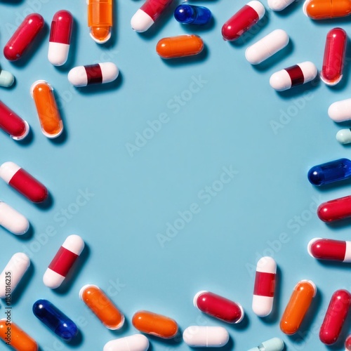 Colorful arrangement of capsules on a blue surface