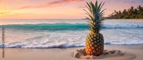 Pineapple on exotic sand beach at sunrise or sunset sea background.