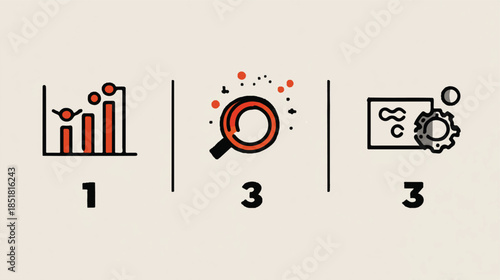 business icons with bar chart magnifying glass and gear on beige