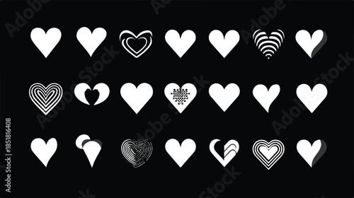 Collection of various heart shapes and symbols in white on black background