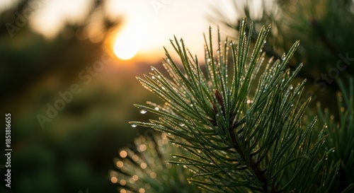 Pine tree branch with dew.