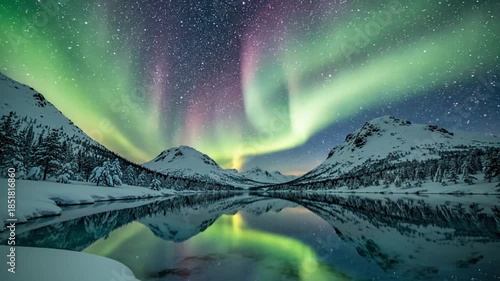 Majestic Aurora Borealis Reflection - A Winter Wonderland Spectacle.