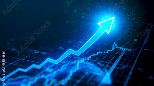 Blue glowing arrow rising above digital grid with light streaks and perspective lines