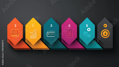 Colorful infographic template with numbered hexagons and various icons