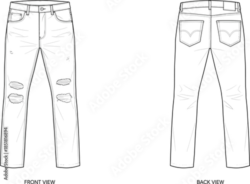 Distressed skinny jeans vector illustration, front and back view denim pants fashion technical sketch