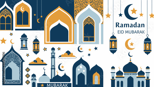 Elegant collection of Islamic design elements, including mosques, lanterns, and crescents, for festive Ramadan and Eid Mubarak greetings and decorations