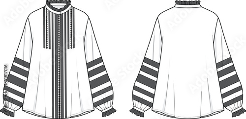 Women embroidered long sleeve blouse vector illustration, front back view striped fashion technical flat drawing