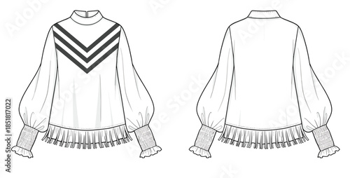 Women fringed hem blouse vector illustration, front back view long sleeve striped fashion technical flat drawing