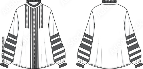 Women embroidered long sleeve blouse vector illustration, front back view striped fashion technical flat drawing