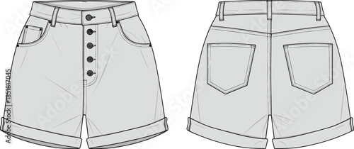 Women high waist denim shorts vector illustration, front back view fashion technical flat drawing apparel