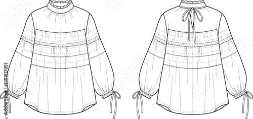 Women lace panel blouse vector illustration, front back view long sleeve fashion technical flat drawing