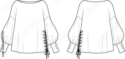 Women lace up blouse vector illustration, front and back view long sleeve fashion technical sketch