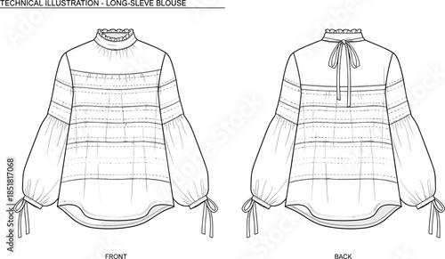 Women long sleeve blouse technical illustration vector, front back view fashion flat drawing apparel template
