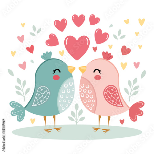 Cute Love Birds with Hearts and Leaves-Valentine’s Day Illustration. A charming vector illustration of two colorful birds standing close together with smiling expressions. No text included