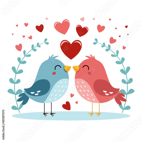 Affectionate Bird Couple Surrounded by Hearts. A whimsical vector illustration of two birds facing each other with their beaks touching, surrounded by floating red and pink hearts.