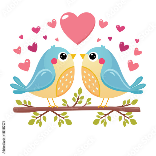 Blue and Yellow Love Birds on a Branch-Romantic Illustration. A whimsical vector illustration of two blue and yellow birds perched on a leafy branch, facing each other with affectionate expressions