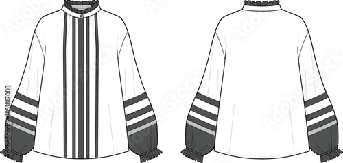 Women long sleeve blouse vector illustration, front back view striped sleeve fashion technical flat drawing
