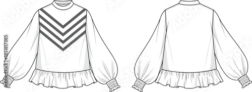 Women peplum blouse vector illustration, front back view long sleeve striped fashion technical flat drawing