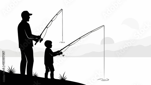 Father and Son Fishing Together Silhouette.