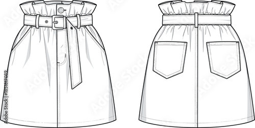 Women paperbag waist skirt vector illustration, front back view fashion technical flat design apparel template drawing