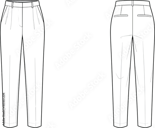 Women slim fit trousers vector illustration, front and back view minimal pants technical sketch