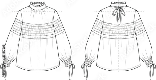 Women smocked yoke blouse vector illustration, front back view long sleeve fashion technical flat drawing