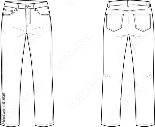 Women straight fit jeans vector illustration, front back view denim pants fashion technical flat drawing