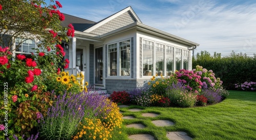 Charming residential home exterior with a beautifully maintained garden featuring a variety of colorful blooming flowers and an inviting stepping stone pathway