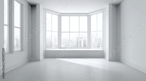 empty room with large windows and city view