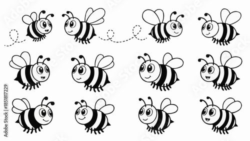 Cute Cartoon Bees Collection Various Poses and Expressions.
