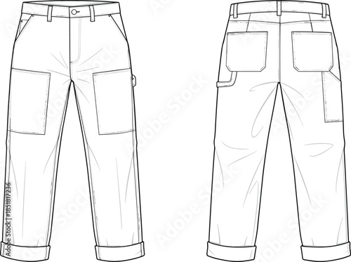 Women utility cargo pants vector illustration, front back view cuffed hem fashion technical flat drawing