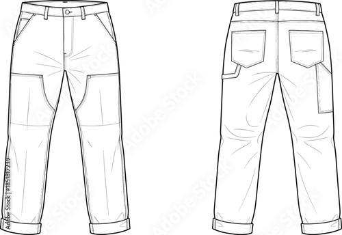 Women utility work pants vector illustration, front back view reinforced knee fashion technical flat drawing